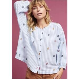 Anthropologie Akemi + Kin Blue Stripe Cotton Floral Embroidered Crop Blouse Med